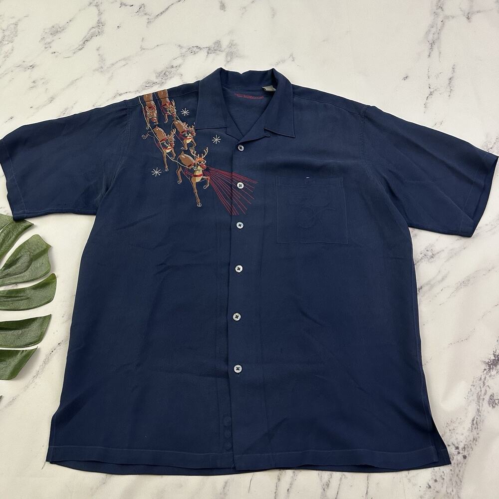 Tori Richard Mens Christmas Hawaiian Shirt Size L Blue Santa Hot Rod Sleigh Silk